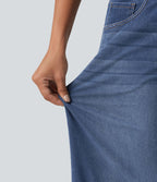 Halara Flex™ Jean large casual taille haute ventre plat, en lyocell drapé effet délavé, avec poches