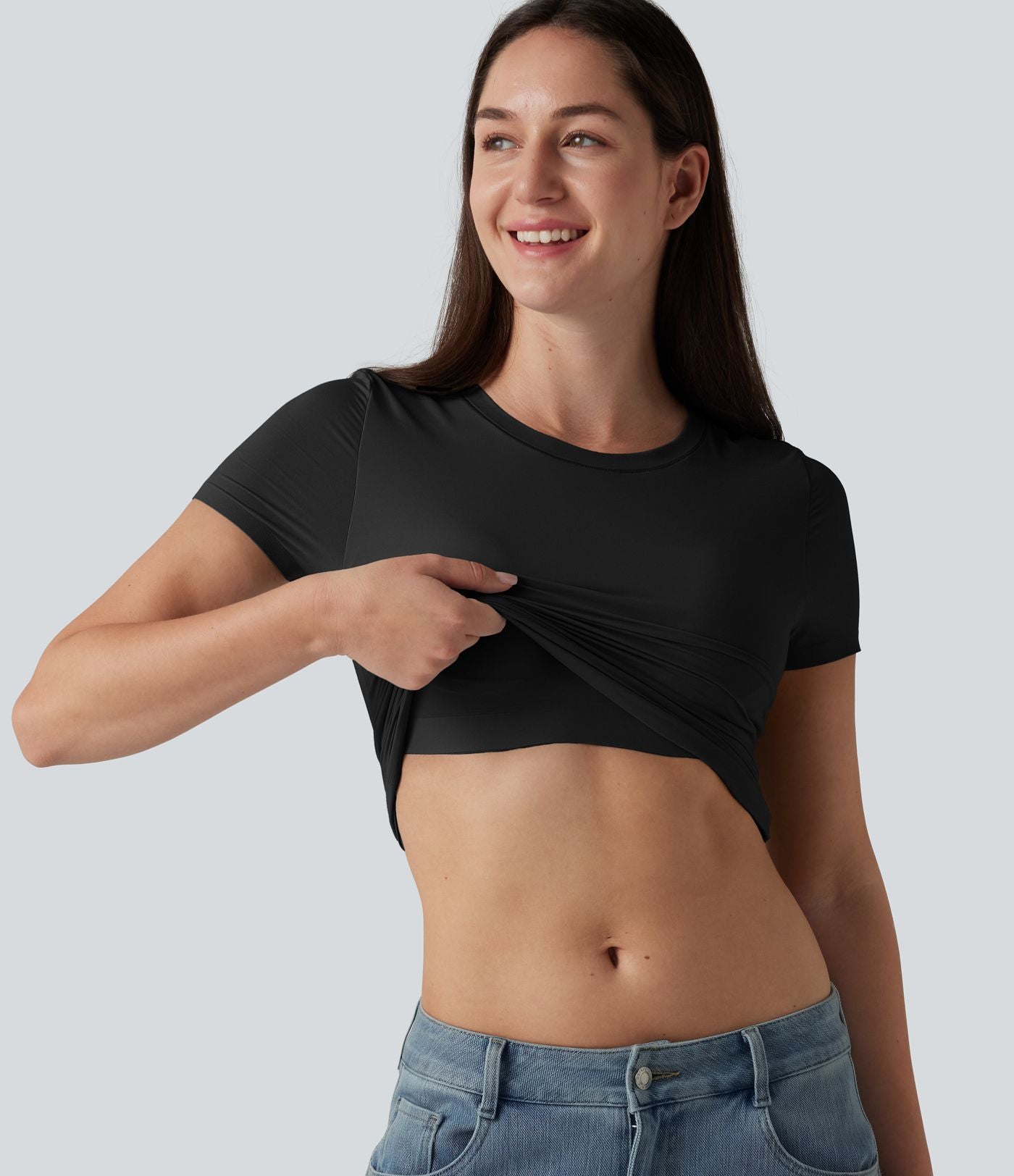 T-shirt décontracté col rond échancré à manches courtes avec soutien-gorge intégré bonnets B-DD