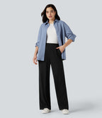 Pantalon taille haute large thermique confortable avec poches