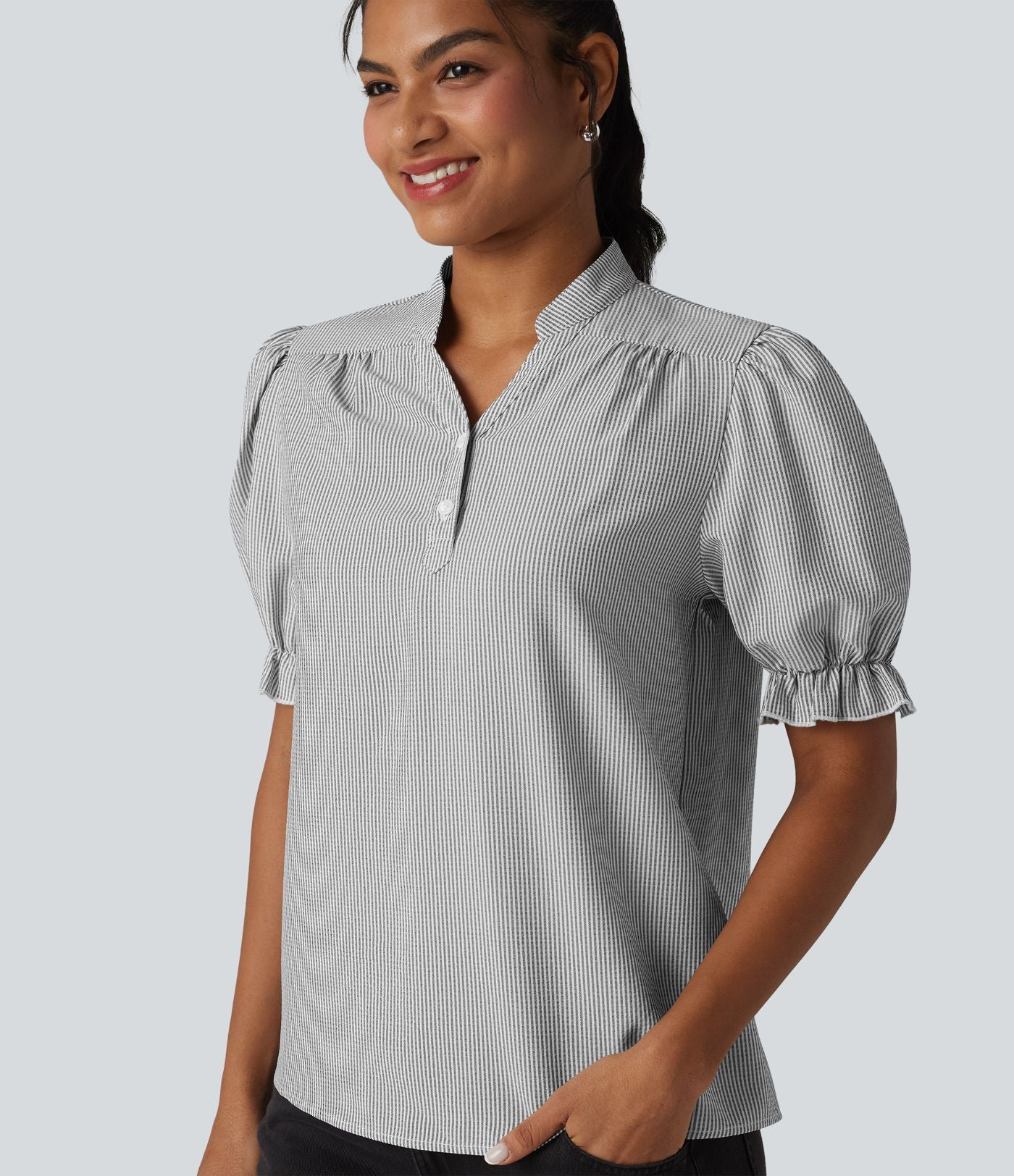 Chemise casual à rayures manches courtes bouffantes