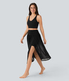 Jupe de danse mi-longue fluide 2-en-1 taille haute, fendue avec poche latérale