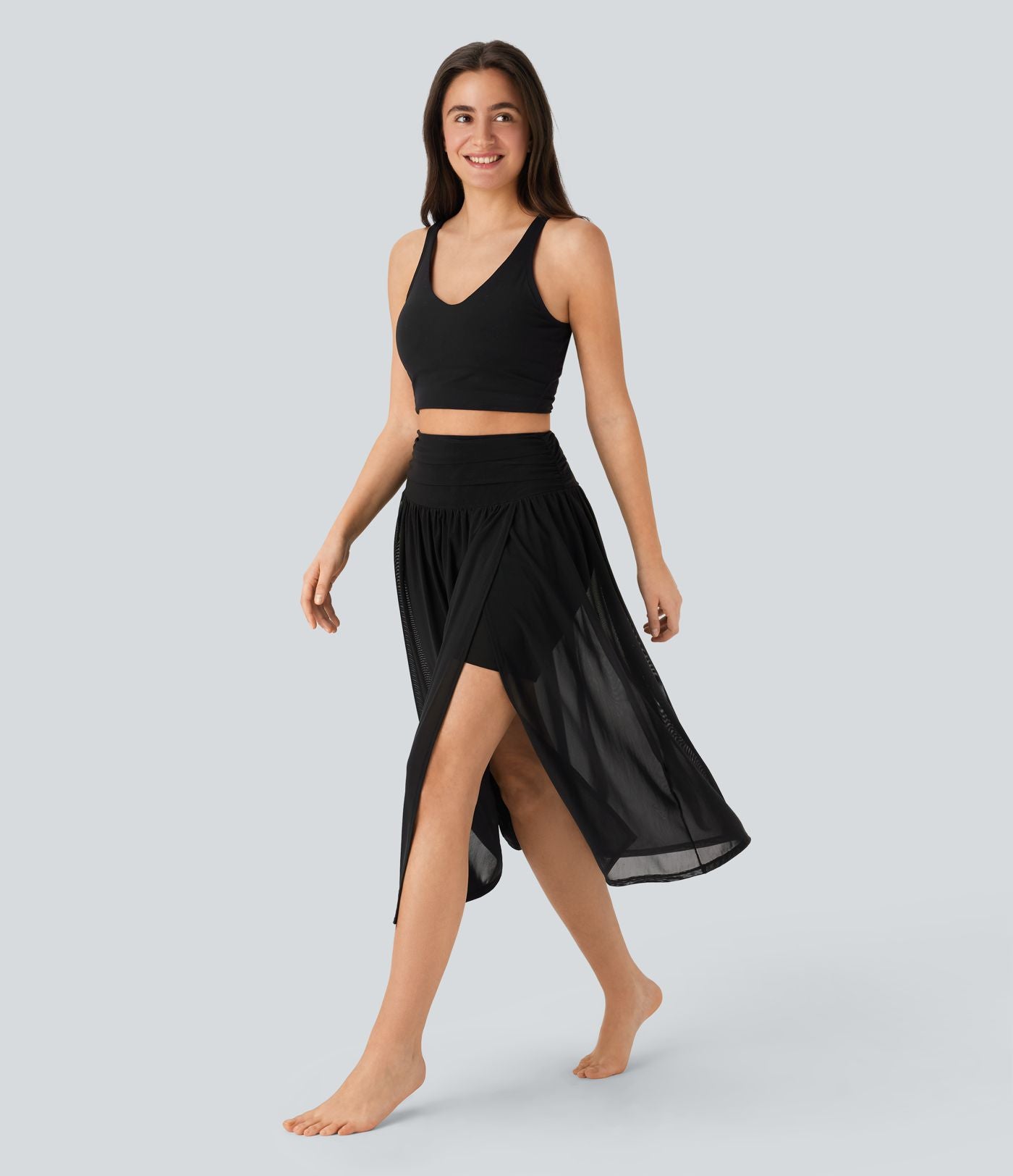 Jupe de danse mi-longue fluide 2-en-1 taille haute, fendue avec poche latérale