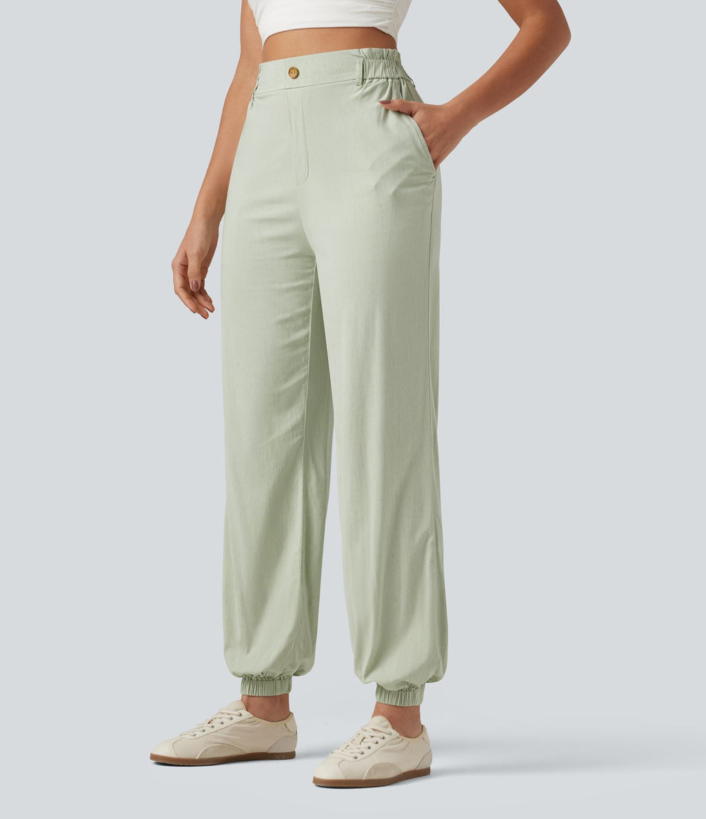 Pantalon jogging en lin stretch taille haute avec poches