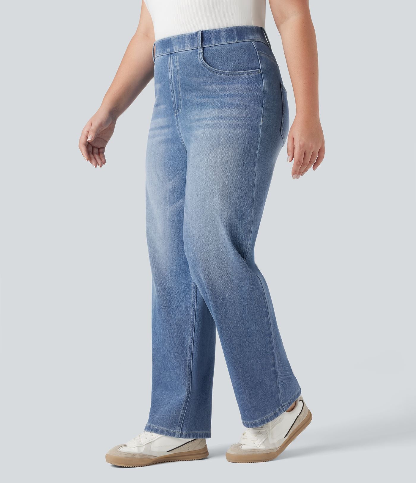 Jean droit décontracté délavé gainant taille haute grande taille avec poches Halara Flex™