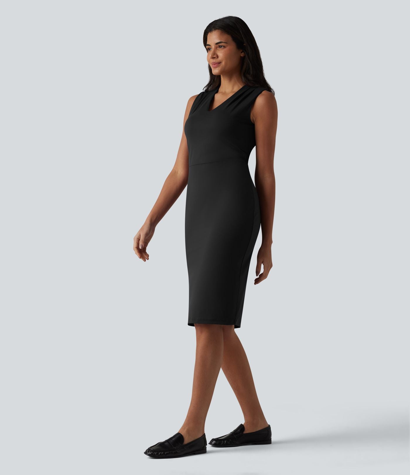 Robe midi tailleur sans manches col V ventre plat avec gainant intégré