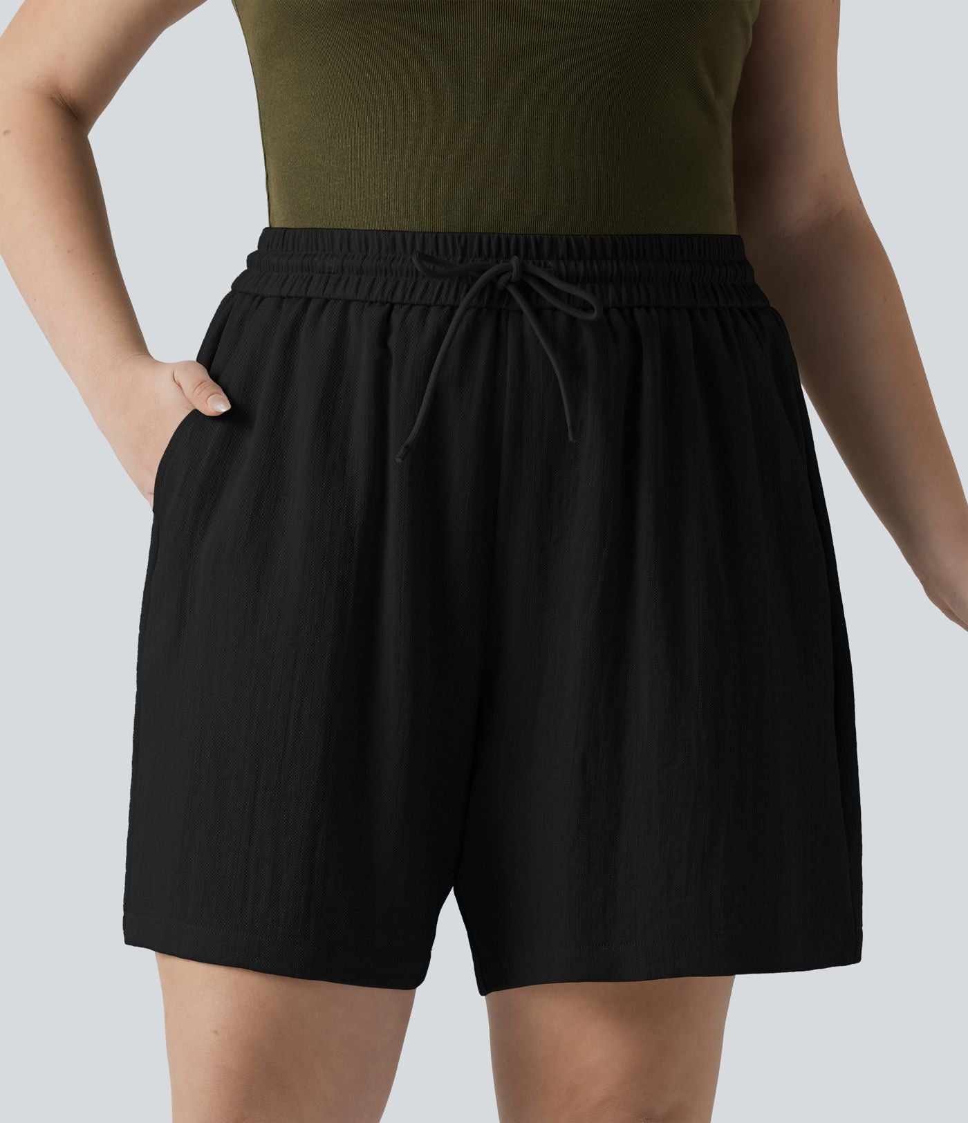 Short casual aspect lin grande taille taille haute avec cordon de serrage et poches