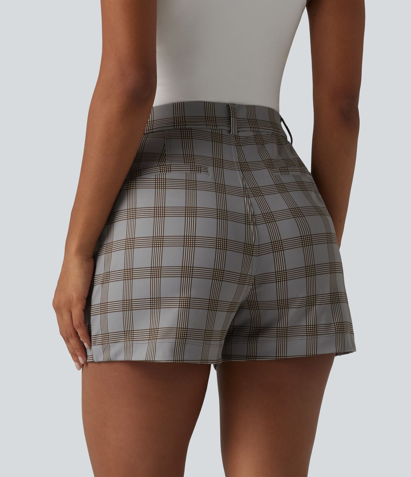 Short tailleur droit à carreaux taille haute avec poches