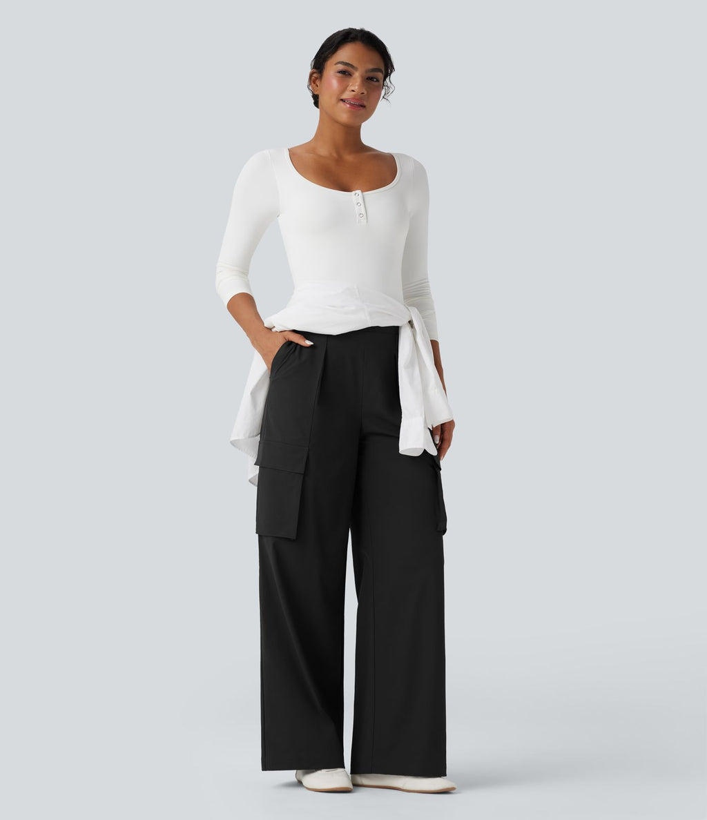Pantalon voyage taille haute jambe large avec poches