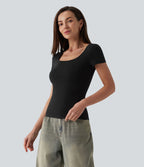 T-shirt Halara décontracté en jersey de coton, col carré, manches courtes, coupe ultra-ajustée effet chiné