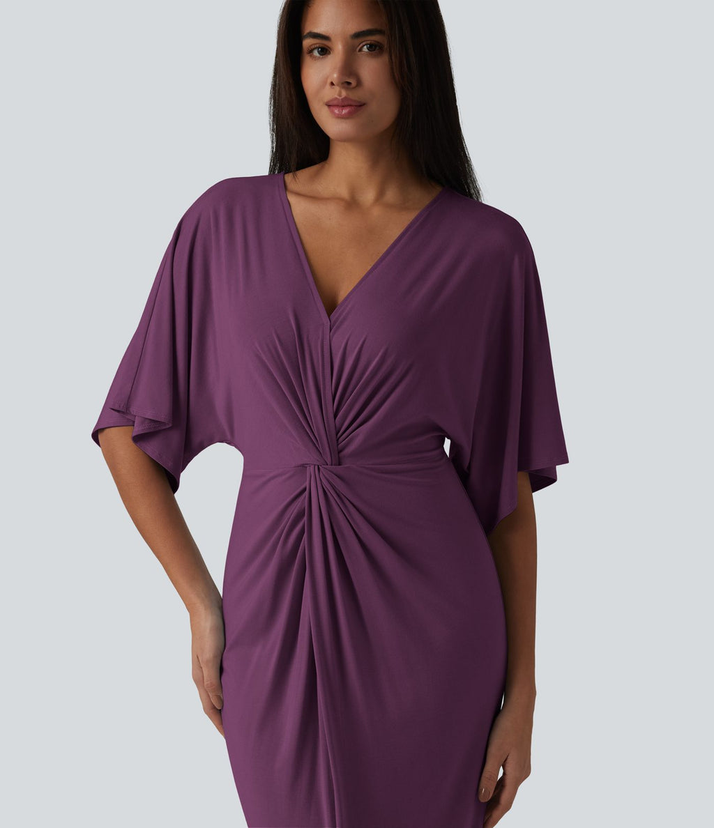 Robe midi col V manches chauve-souris ourlet tulipe torsadé