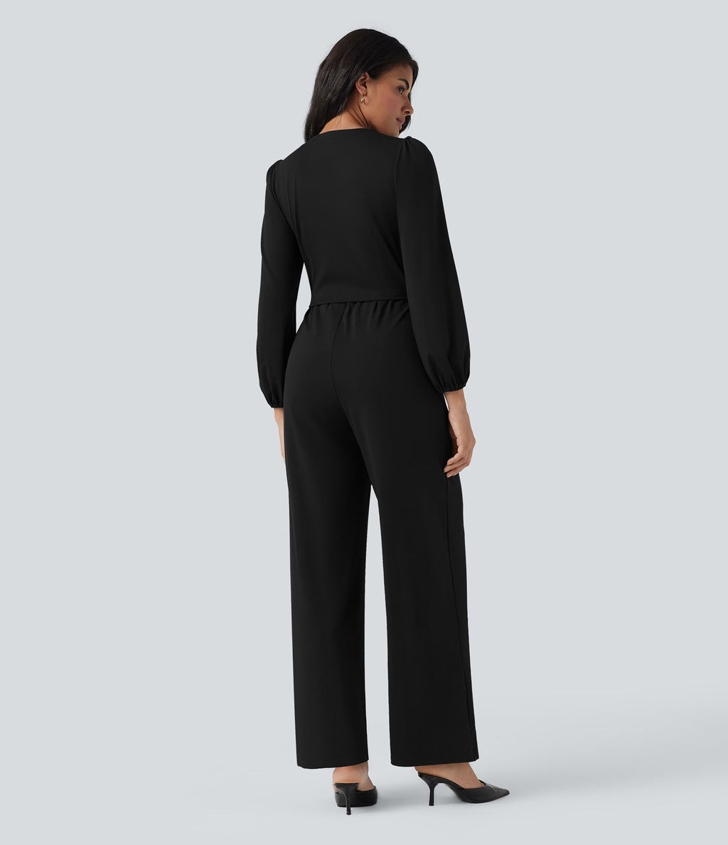 Combinaison tailleur à jambes larges, col V, manches longues, avec poches – Édition Easy Peasy