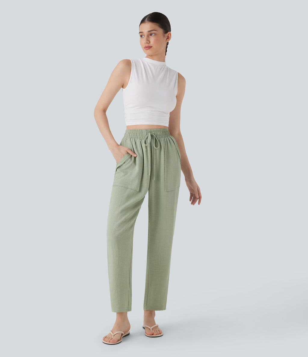 Pantalon décontracté taille haute avec cordon de serrage et poches
