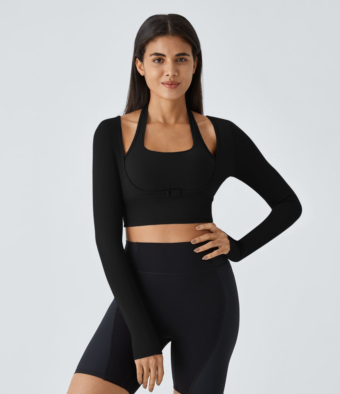 Softlyzero™ Plush Top Sport Yoga Manches Longues Trou pour le Pouce Dos Nu Col Halter