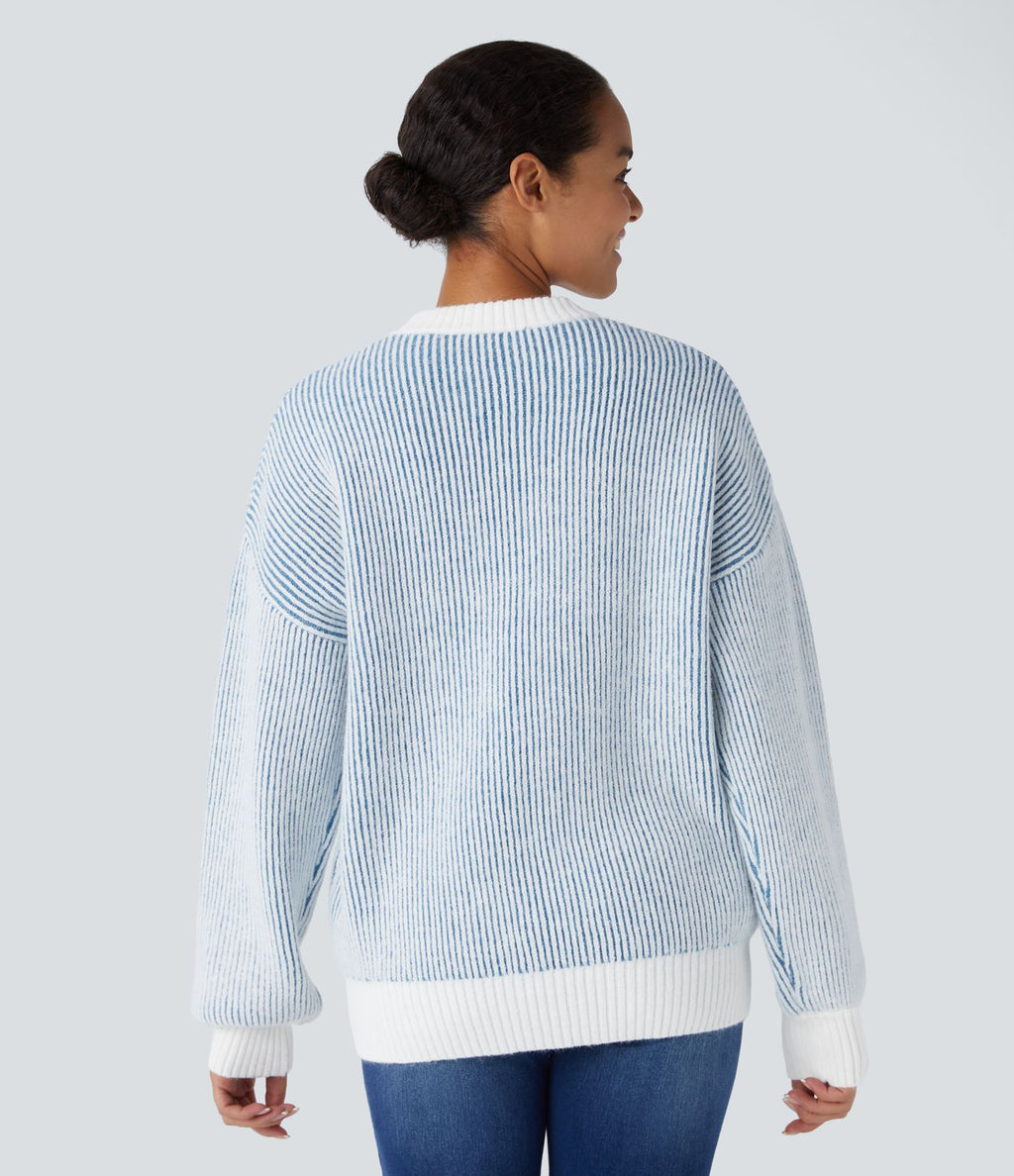 Pull col rond motif rayé bicolore à manches longues