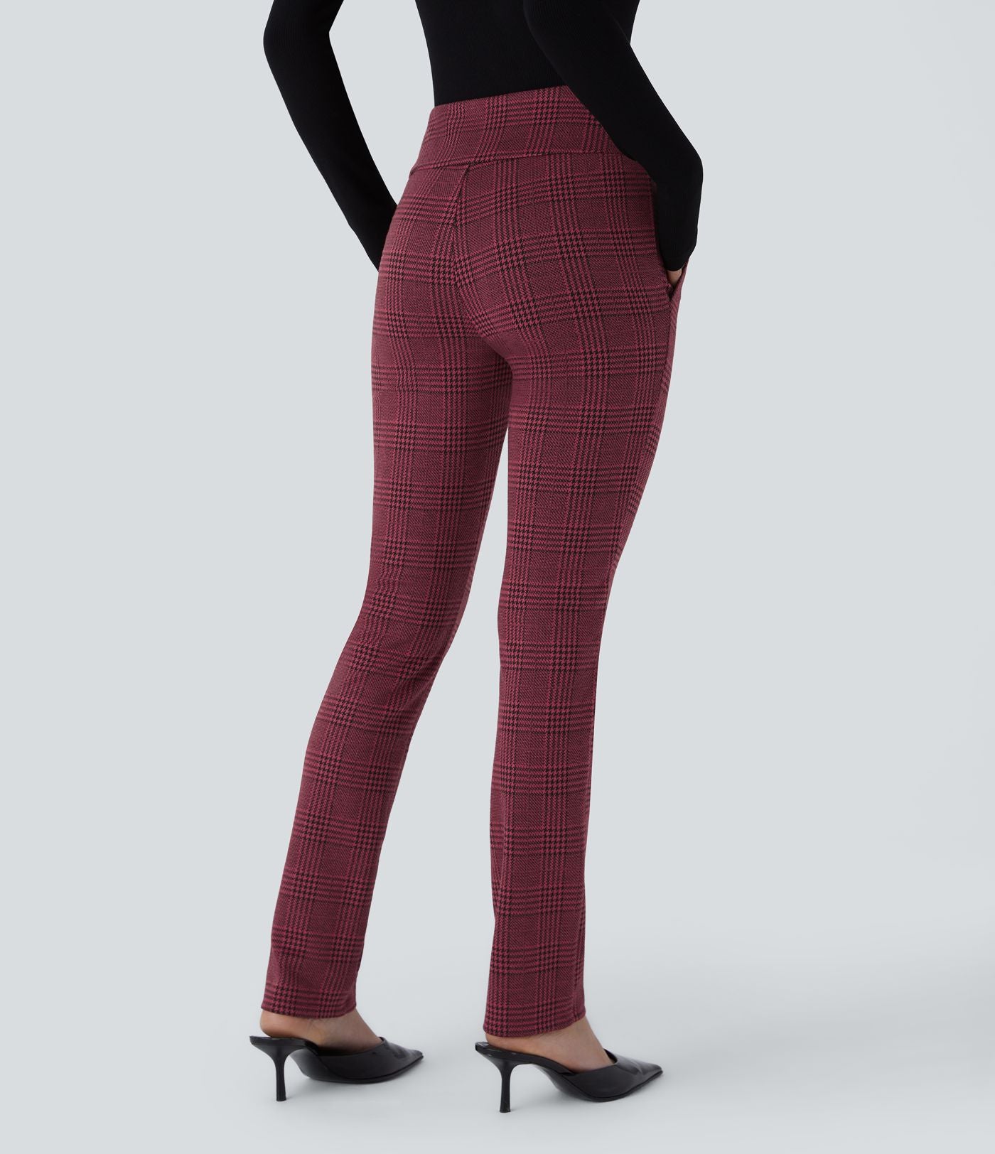 Halara Flex™ Pantalon tailleur Cintrés à Taille Haute avec Boutons Décoratifs Poches Latérales et Imprimé Pied-de-Poule