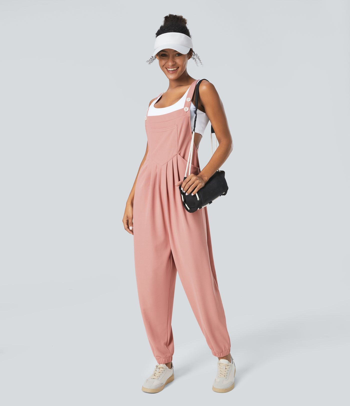 Salopette Casual Bretelles Ajustables Boutonnés Multiples Poches Plis et Tissu Gaufré