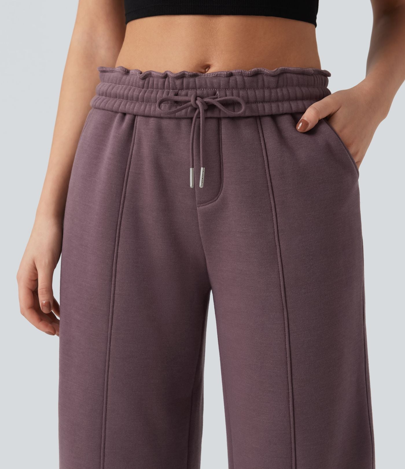 Pantalon jogging droit en coton molleton taille haute avec cordon et poches