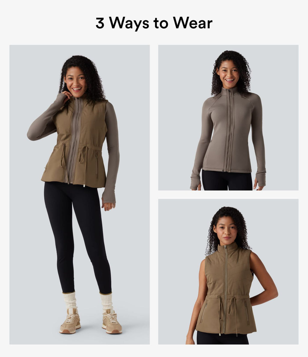 Veste polaire PuffFlex 3-en-1 à col montant et manches longues avec passe-pouces et gilet matelassé avec poches