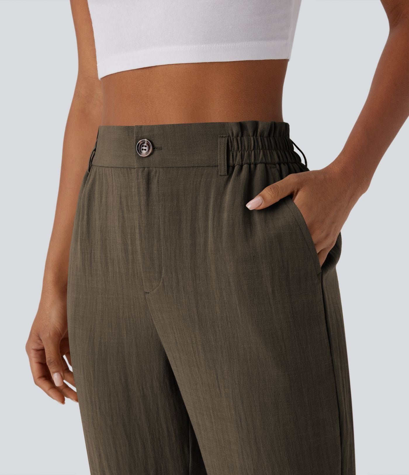 Pantalon capri effet lin taille haute avec poches zippées