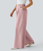 Pantalon Fluide Large Taille Haute Poches Latérales Palazzo Solide Casual Linen-Feel