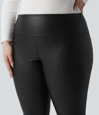 Leggings 7/8 grande taille en simili extensible effet ventre plat, taille haute, intérieur polaire, avec poches