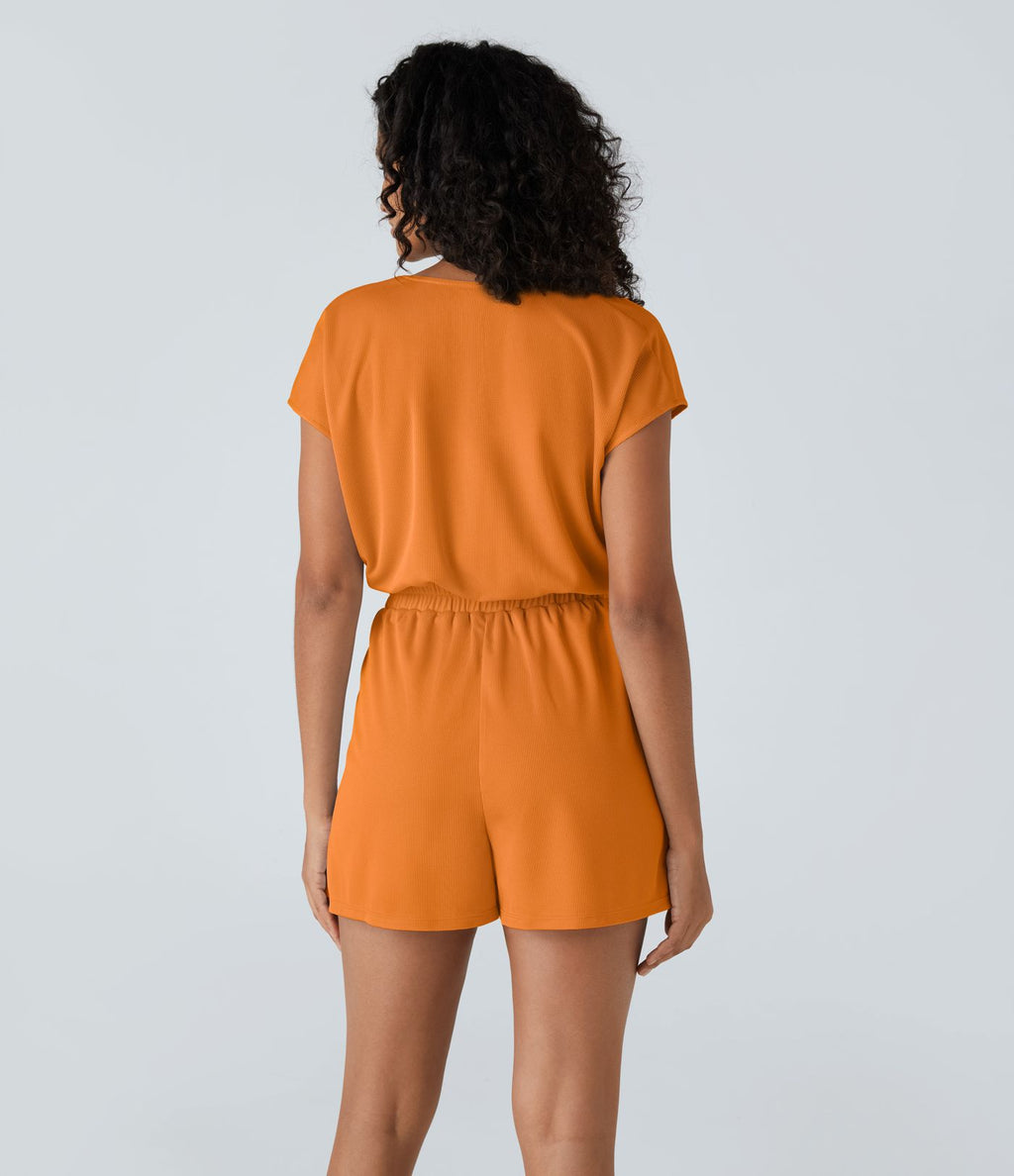 Combishort Fluide Col en V Plissée Manches Courtes Poche Latérale Gaufrée