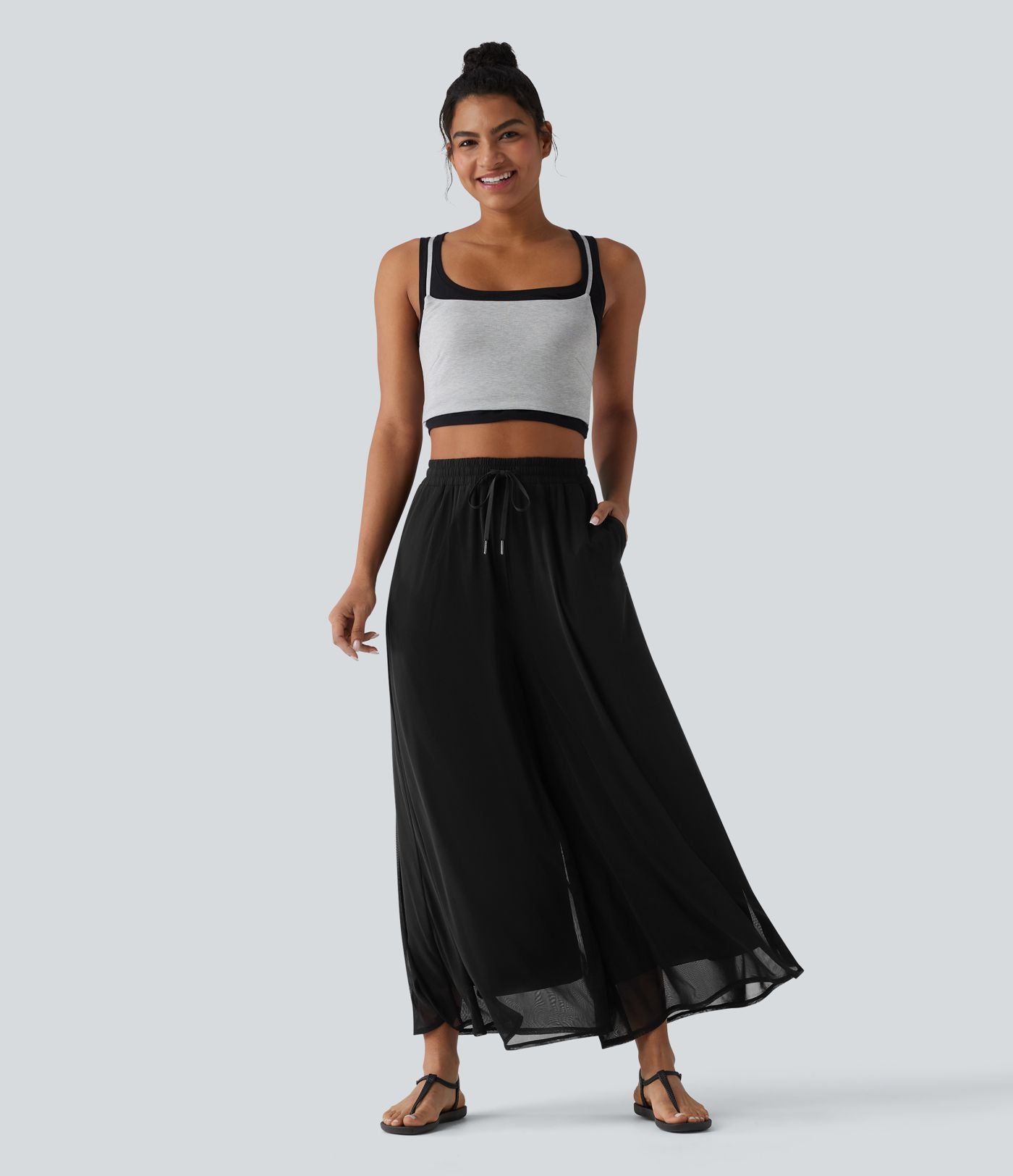 Pantalon large fluide décontracté mesh taille haute avec cordon de serrage et poches
