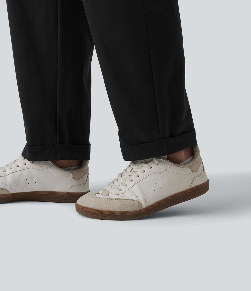 Pantalon casual fuselé 7/8 taille mi-haute plissé en popeline extensible à ourlet retroussé avec poches