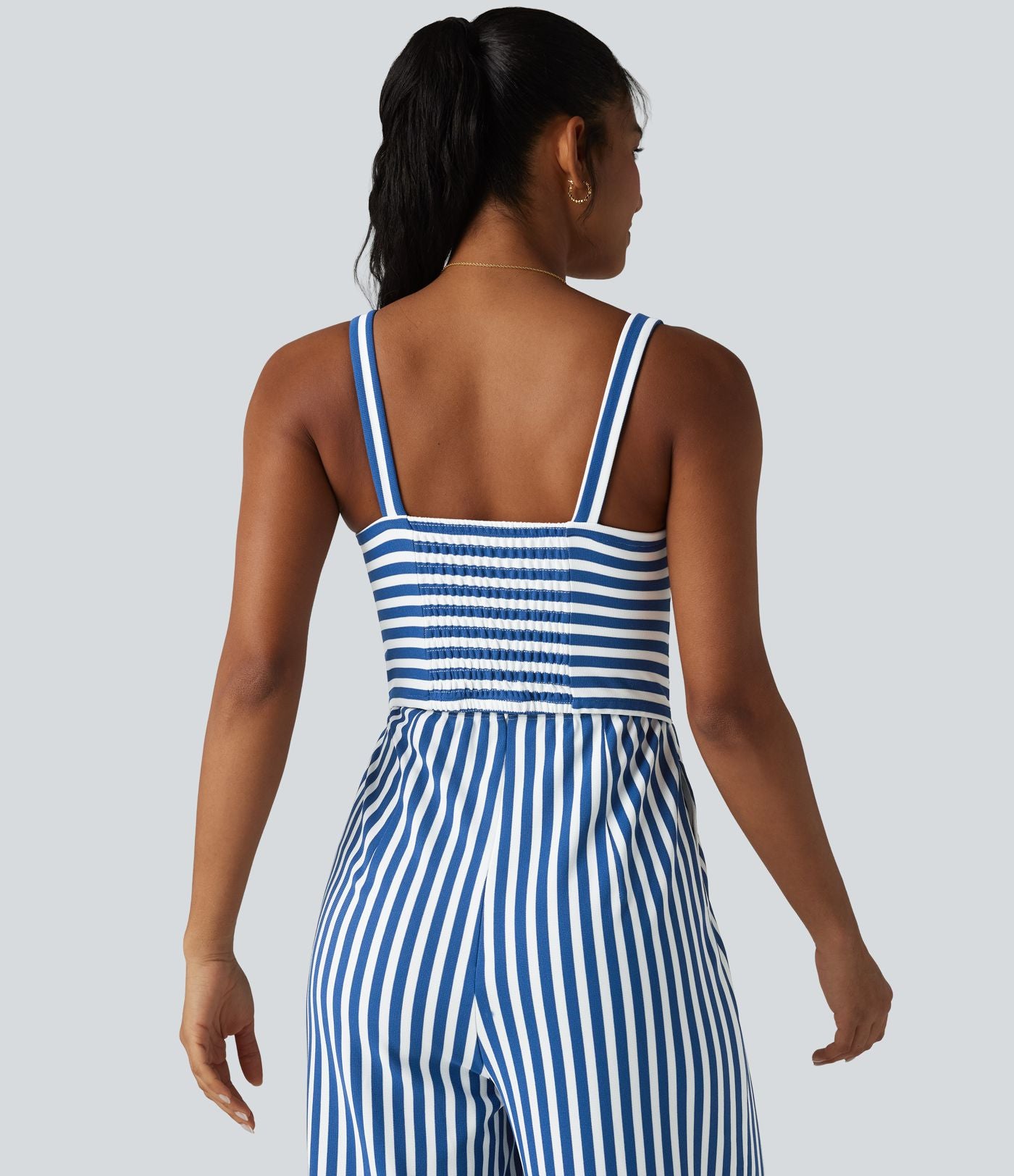 Combinaison casual sans manches à rayures en nid d'abeille torsadée froncée fermeture éclair invisible avec soutien-gorge intégré et poches - Easy Peasy