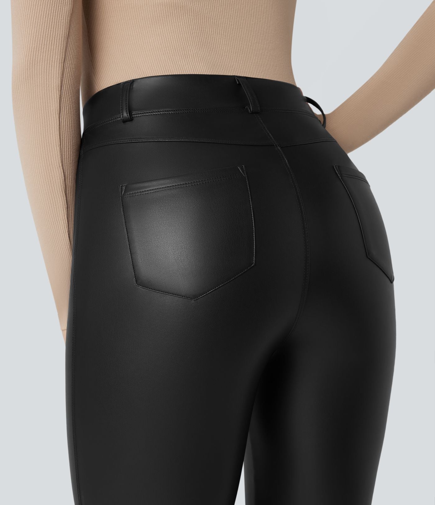 Pantalon évasé asymétrique polaire PU gainant extensible taille haute avec poches