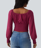 Blouse casual froncée à col carré et manches bouffantes