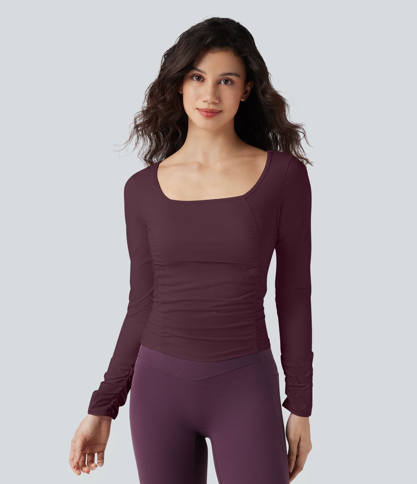 Haut de sport entraînement SoftlyZero™ Airy col carré manches longues froncé effet frais InstantCool