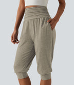 Jogging yoga corsaire chiné taille haute à fronces avec poches