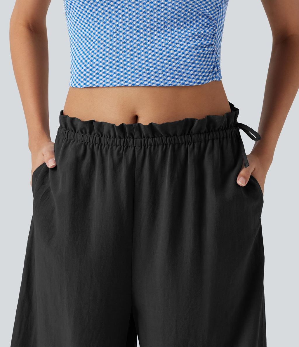 Pantalon baggy fluide casual en mélange de lin taille mi-haute à volants avec cordon et poches