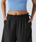 Pantalon baggy fluide casual en mélange de lin taille mi-haute à volants avec cordon et poches