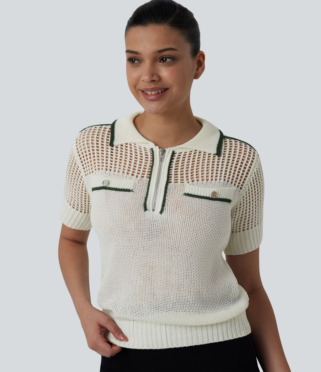 Pull casual manches courtes demi-zip découpes color block