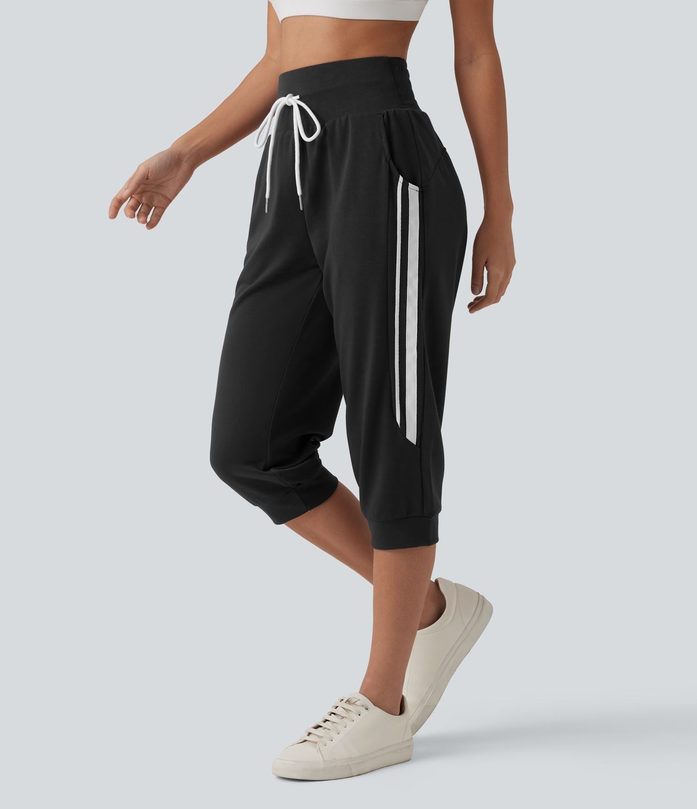 Jogging casual capri à rayures taille haute avec cordon de serrage et poches