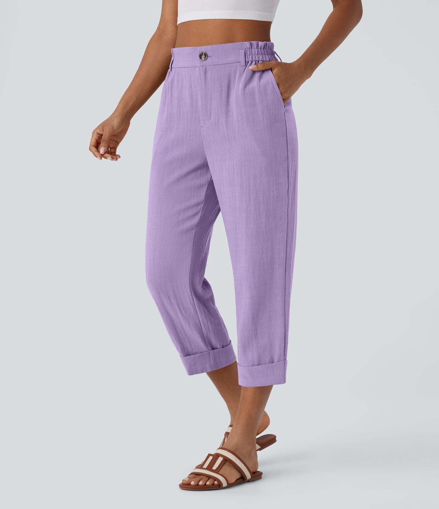 Pantalon capri effet lin taille haute avec poches zippées