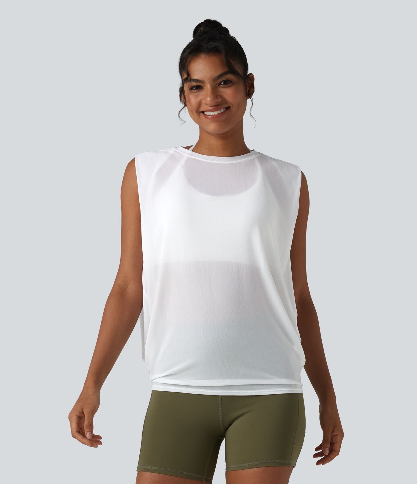 Débardeur de running en mesh transparent froncé col rond