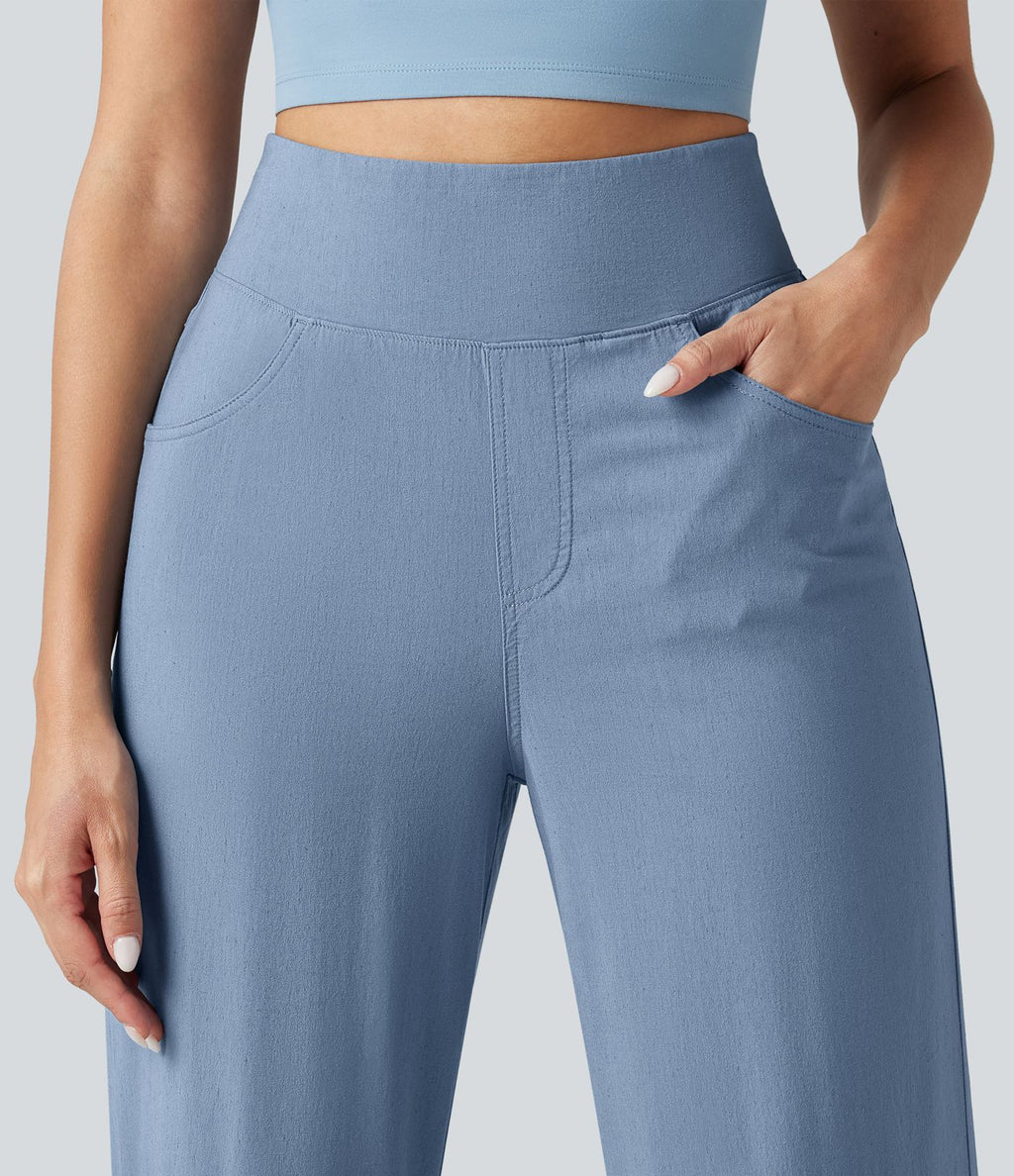 Pantalon large fluide décontracté en lin stretch taille haute gainant avec poches