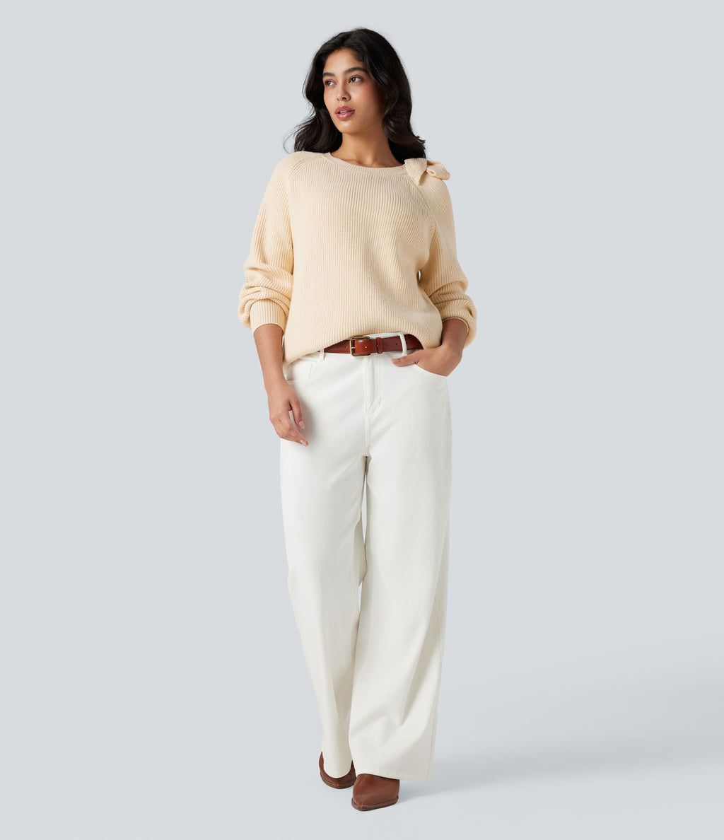 Top tricot col rond nœud latéral manches longues