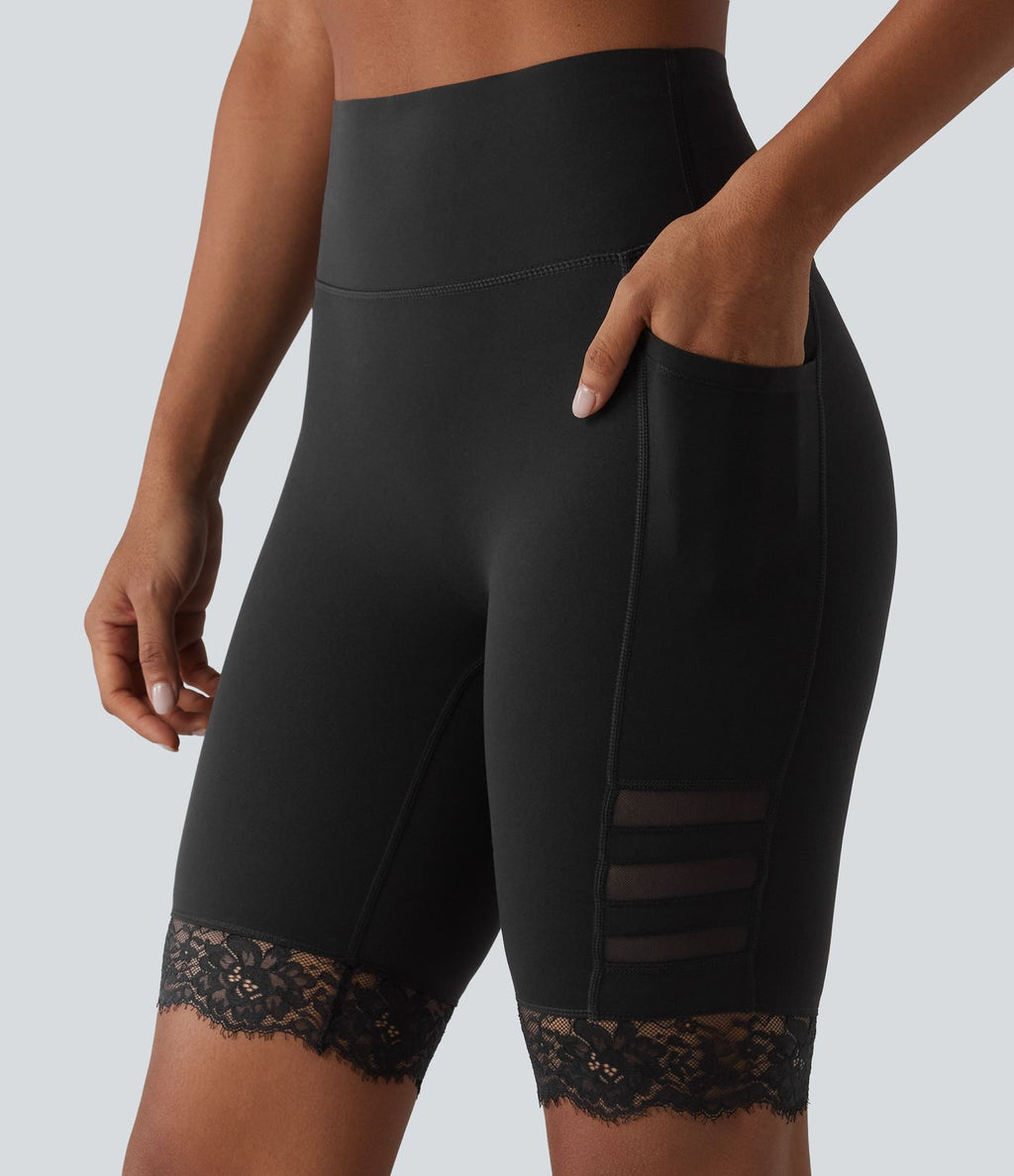 Halara UltraSculpt™ Short de cycliste gainant taille haute en mesh respirant avec dentelle contrastée et poches — 23 cm