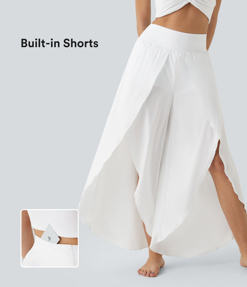 Breezeful™  Pantalon Large Casual 2 en 1 Palazzo Flowy Taille Haute Poches Fente à la Taille Arrière - Séchage Rapide