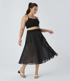 Jupe Taille Haute 2 En 1 En Maille Contrastée Avec Cordon De Serrage Et Poche Latérale Fluide Evasée Casual Grande Taille