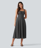 Robe midi fluide à pois à bretelles croisées dos nu col carré sans manches froncée avec soutien-gorge intégré