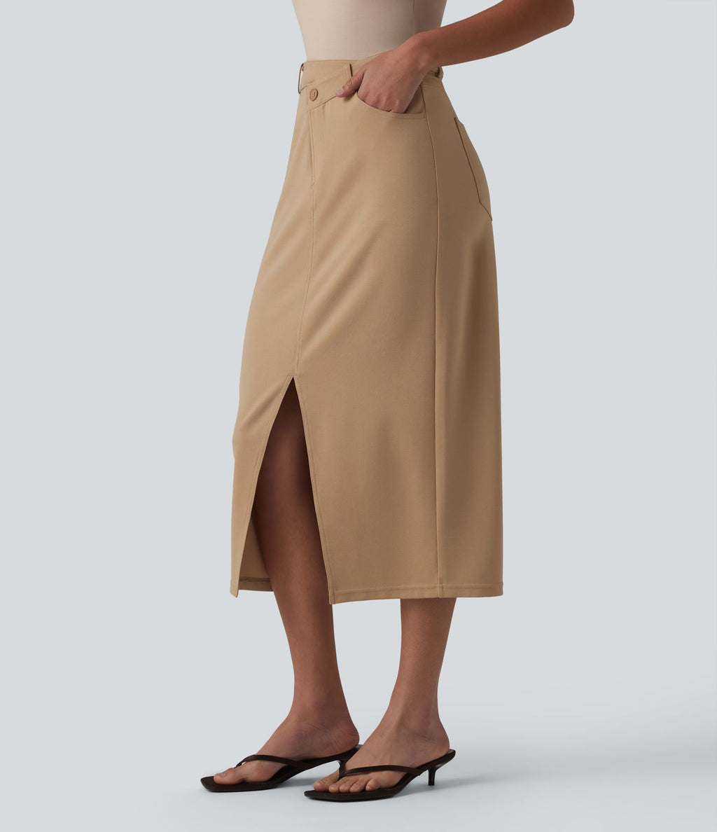 Jupe crayon midi tailleur asymétrique taille moyenne fendue avec poches