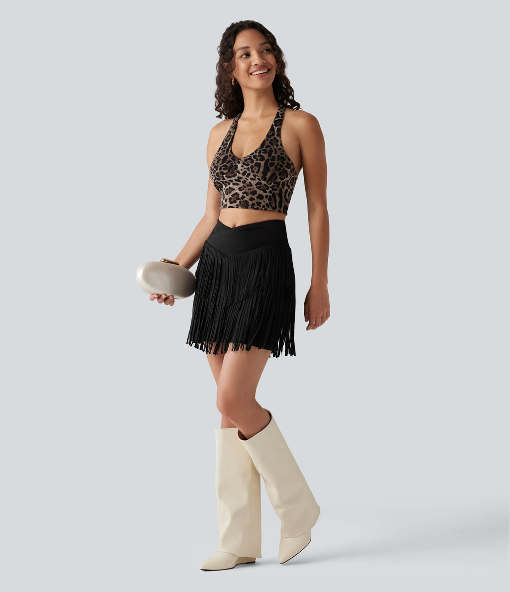 Jupe mini moulante 2-en-1 en daim pour soirée, ourlet à franges croisé, taille haute — version longue