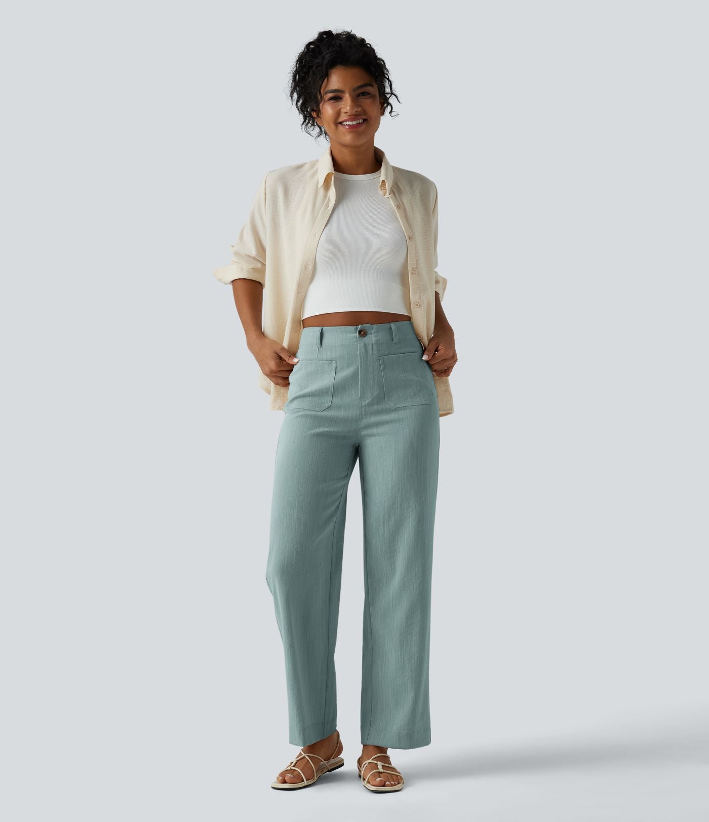 Pantalon taille haute coupe droite effet lin avec poches