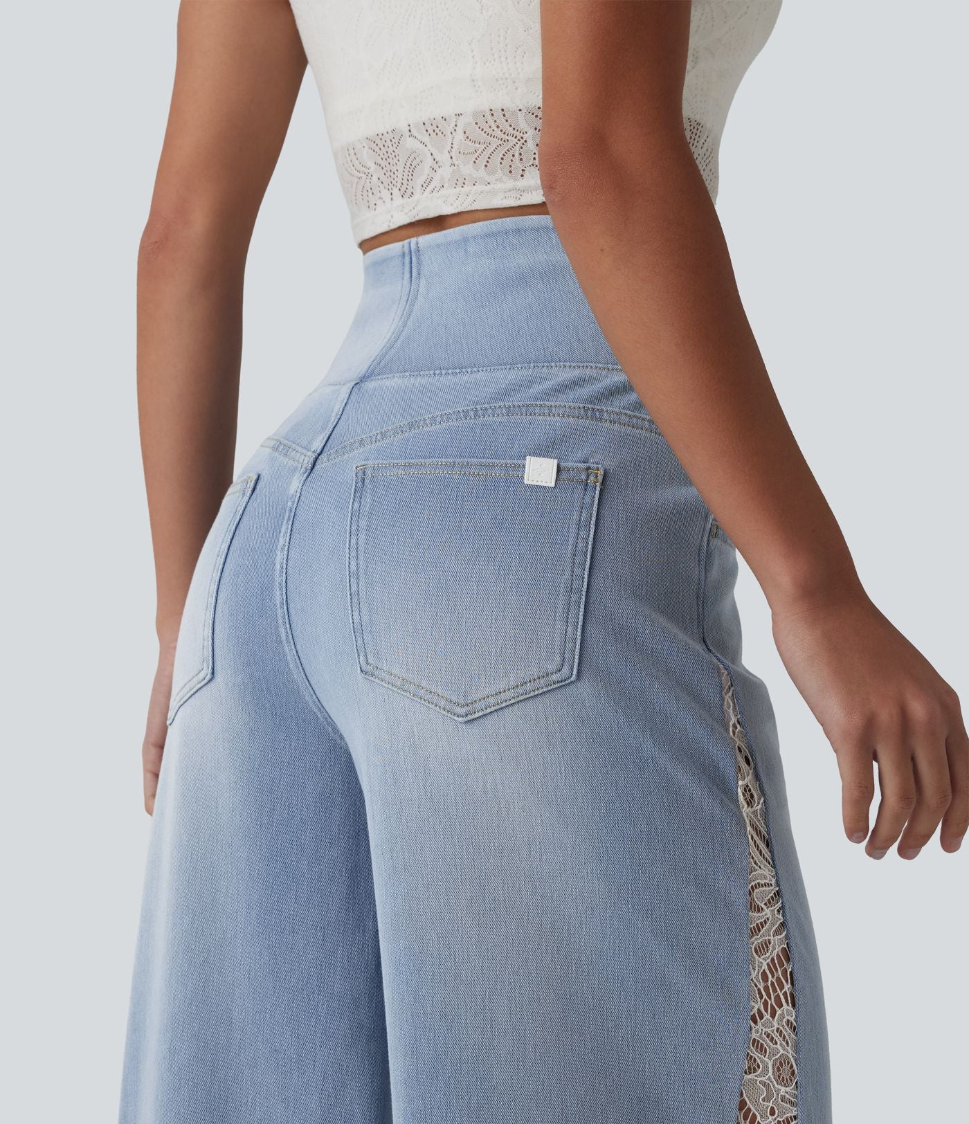Jean large Halara Flex™ décontracté taille haute avec poches et dentelle contrastée