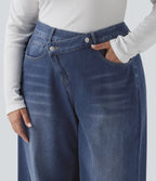 Jean large Halara Flex™ ample casual délavé taille haute asymétrique grande taille avec poches